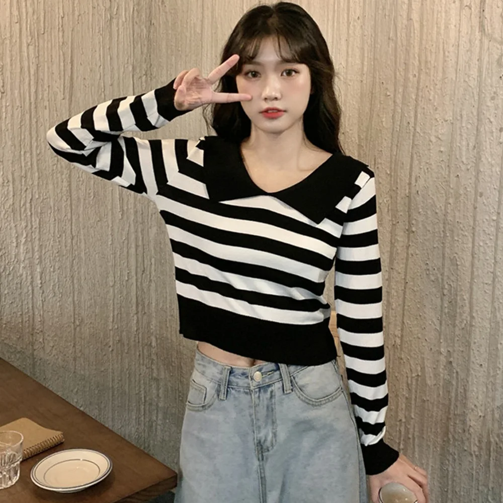 

Striped Knitted Sweater ​Women Casual Autumn High Elastic Long Sleeve Pullover