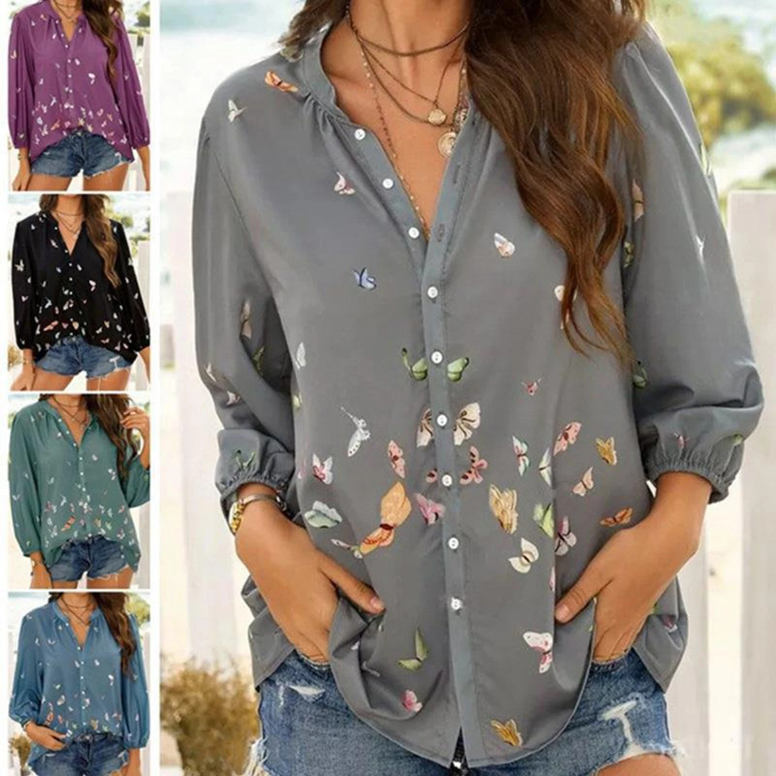 

Женская рубашка на пуговицах, кардиган для взрослых с принтом бабочек, рукавом три четверти и V-образным вырезом