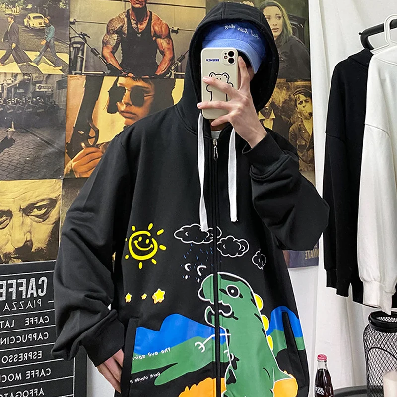 

2021 Spring Harajuku Graffiti Dinosaur Print Hoodie Sweatshirts Man Loose Casual Hooden Pullovers Japan Men Anmie Streetwears