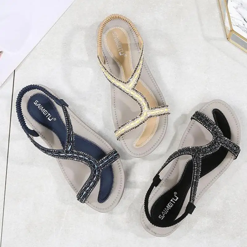 

2020 New Women Sandals Crystal Summer Shoes Woman Beach Flat Sandals Plus Size Flip Flop Ladies Soft Bottom Slippers Female