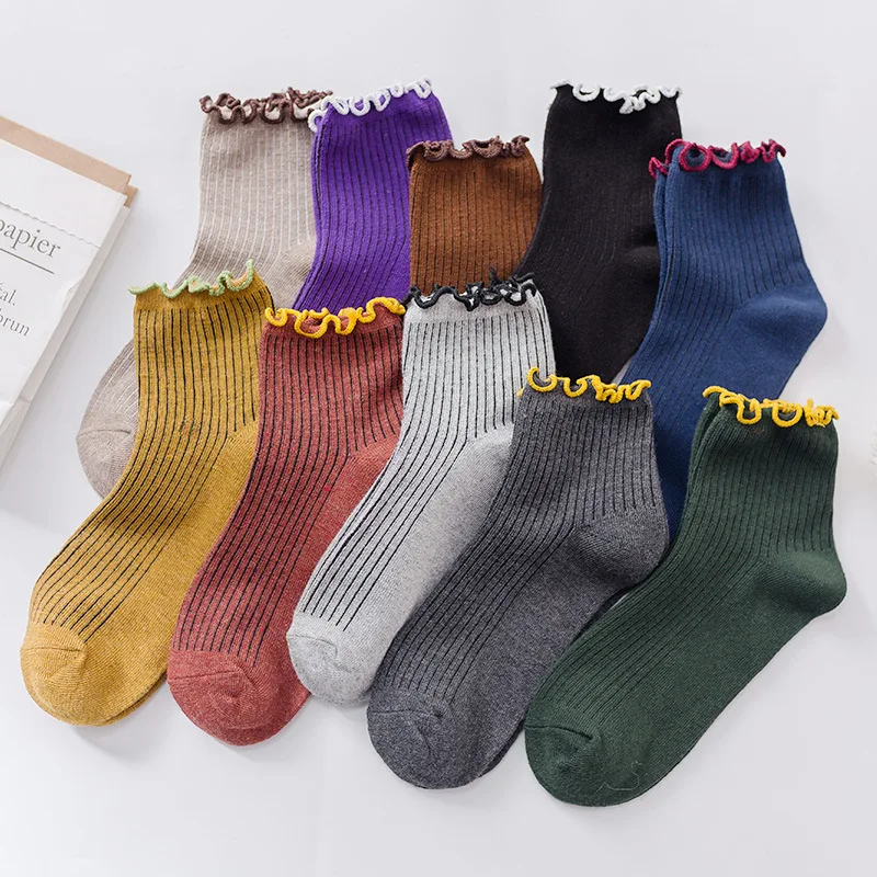 

Носки Frilly с рюшами, женские милые японские модные милые носки для девочек, шикарные хлопковые однотонные повседневные короткие носки, носки...