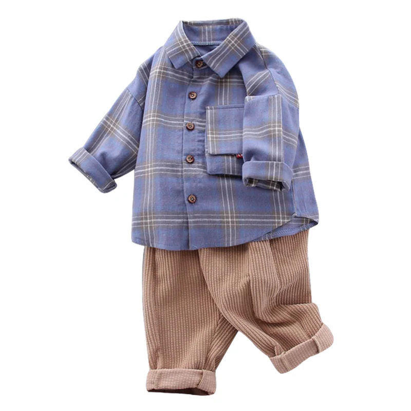 2Pcs/set Baby Boy Summer Cotton Long Sleeve Three-Dimensional Pocket Plaid Pattern Shirt + Corduroy Trousers Casual Set |