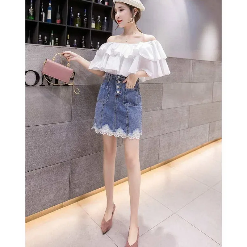 

2020 Spring Autumn Women Skirts Fashion New Patchwork Lace A Line Mini Skirt Casual High Waist Short Denim Skirt