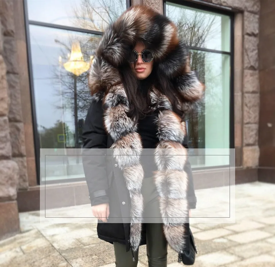 CKMORLS Новая женская парка из натурального меха, зимняя куртка с натуральным лисьим меховым воротником, черная верхняя одежда, толстые теплые пальто, свободные длинные куртки