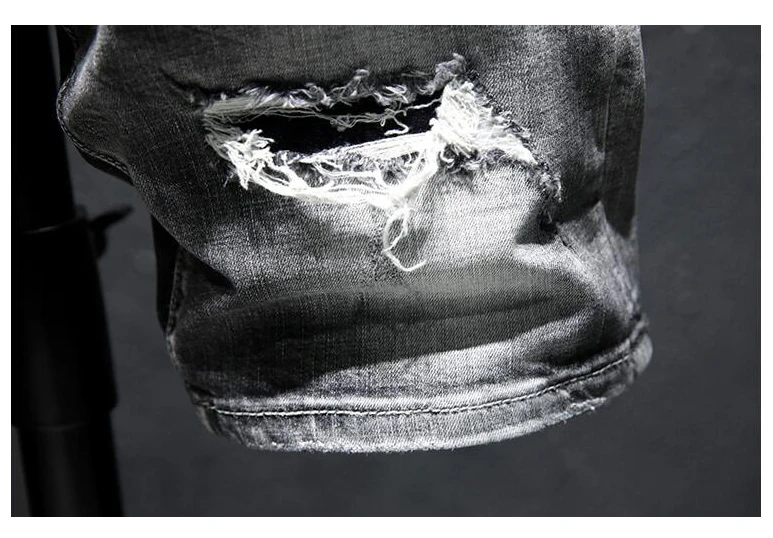 

Men Gray Ripped Denim Shorts New Summer Holes Black Short Jeans High Quality soft Cotton Stretch Jean Short Knee Length Jeans