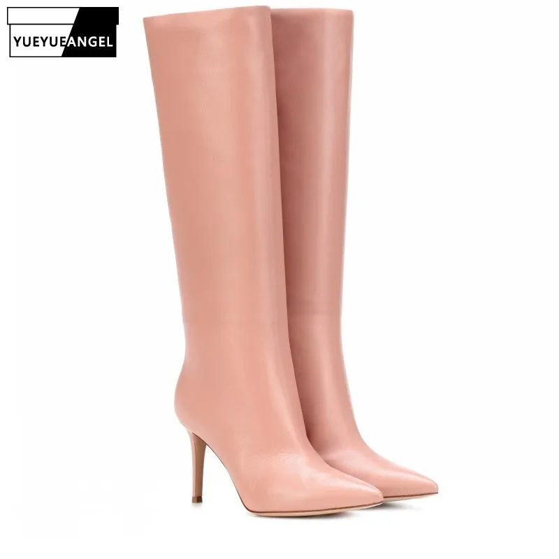 Женские розовые сапоги до колена с острым носком на высоком каблуке размера плюс