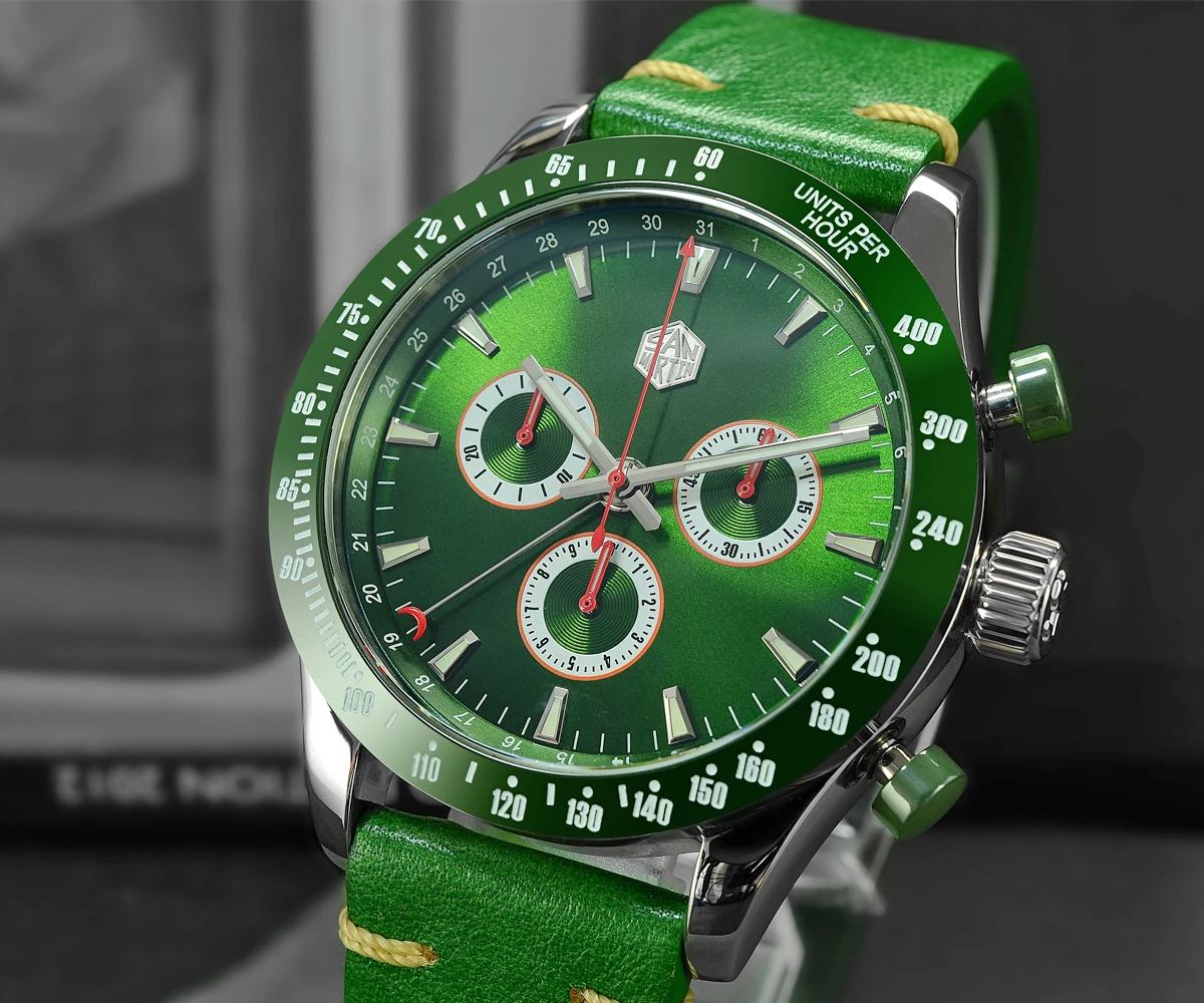 Lugyou San Martin Quartz Watch Men Chronograph Timepiece Sun ray Metal Band Sub Dials Pusher Sapphire 100m Water Resistant Glow