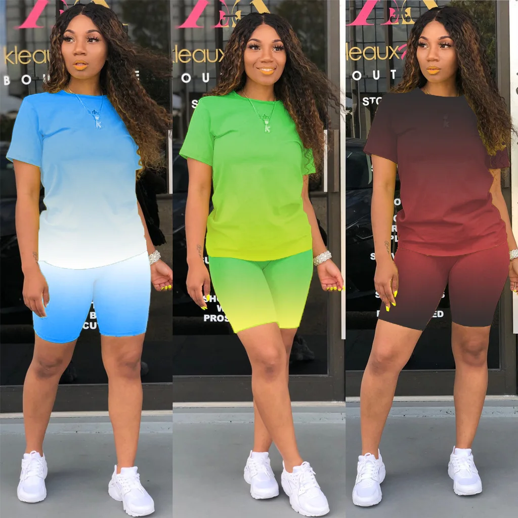 

2021 Summer New Fashion Women's Clothing Casual Gradient Color Printed T-Shirt Sports Casual Two-Piece Shorts