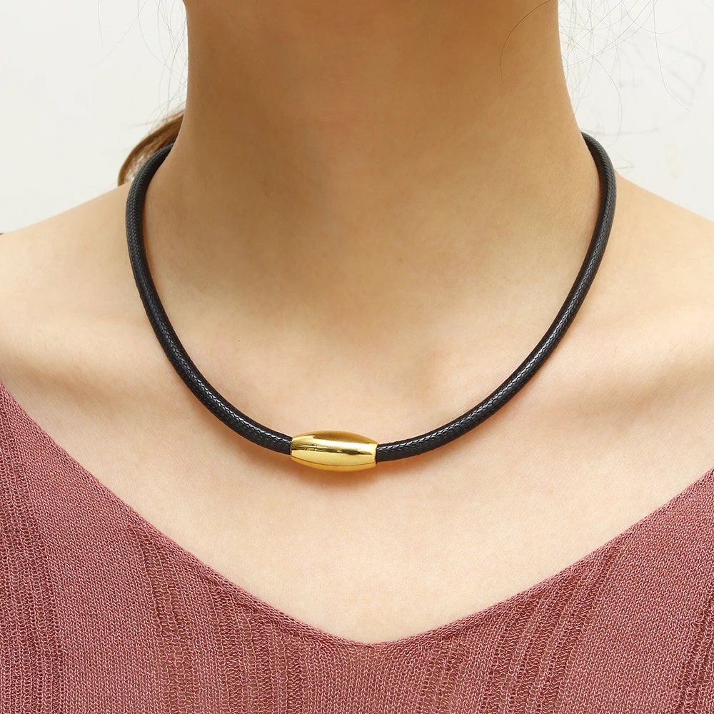 

New Arrivals Leather Rope Chain Necklace For Women Men Gold Stainless Steel Bean Choker Necklace Charms Fashion Jewelry Gift