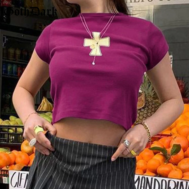 

Goth Dark Gothic Cross Print Aesthetic Women T-Shirts Grunge Punk EGirl Bodycon Crop Tops Short Sleeve Summer Fashion Streetwear