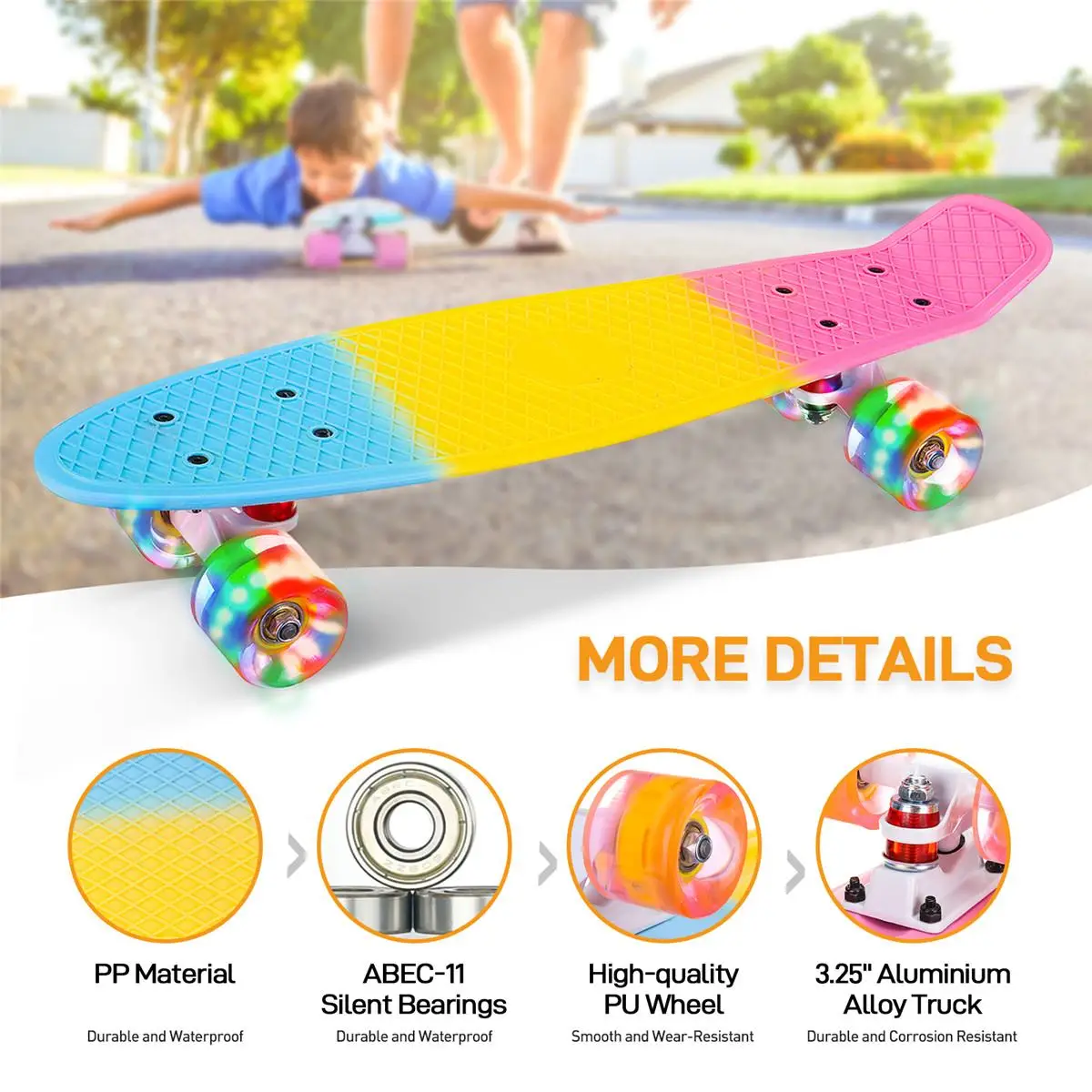 

SGODDE Mini Skateboards Cruiser Retro Long-board for Kids Children Ages 6-12 with LED Four Wheels Single Rocker 56*15cm Deck