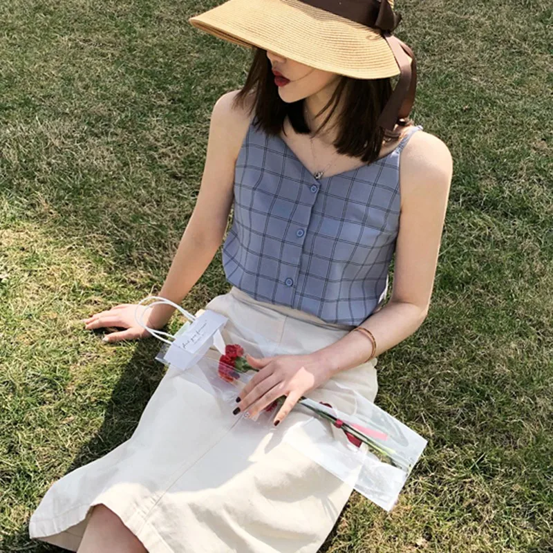 Женский Свободный укороченный топ Модный повседневный клетчатый Топ без рукавов