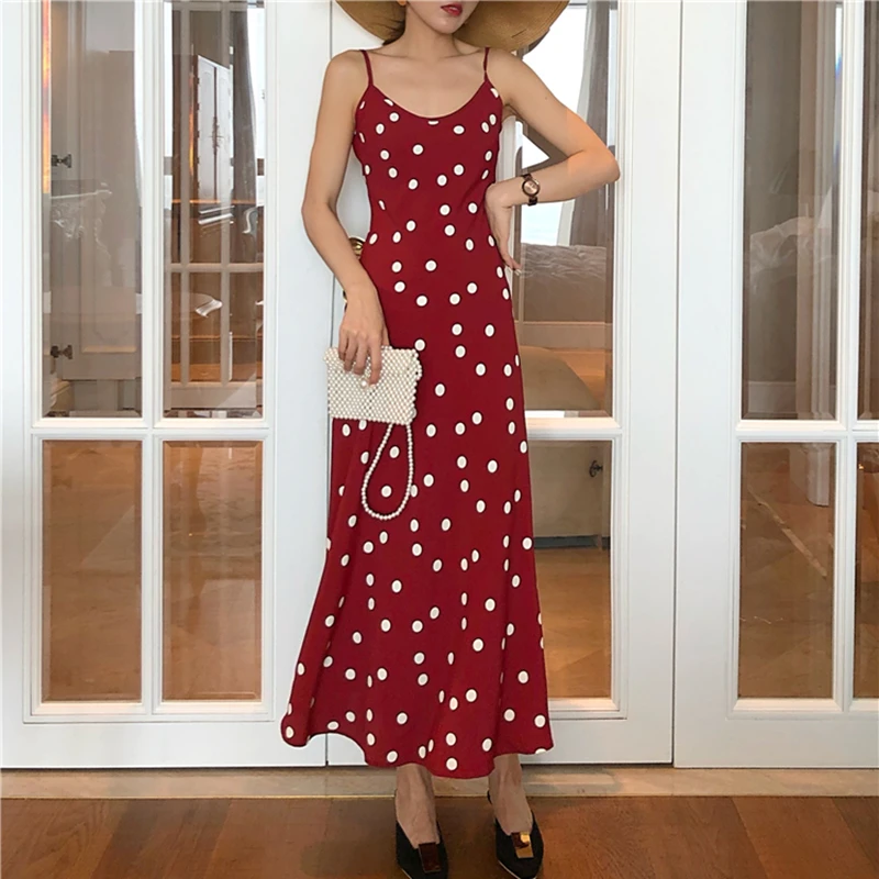 2021 весенне-летнее женское платье в горошек на бретельках атласное элегантное с