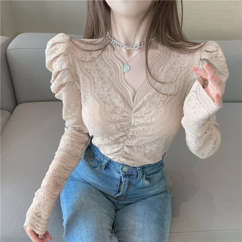 Blouses Women Hollow Lace Shirt Bubble Sleeves Hot Sell Solid Color Long-sleeved Outer Top Sexy V-neck Slim Female Chiffon Shirt