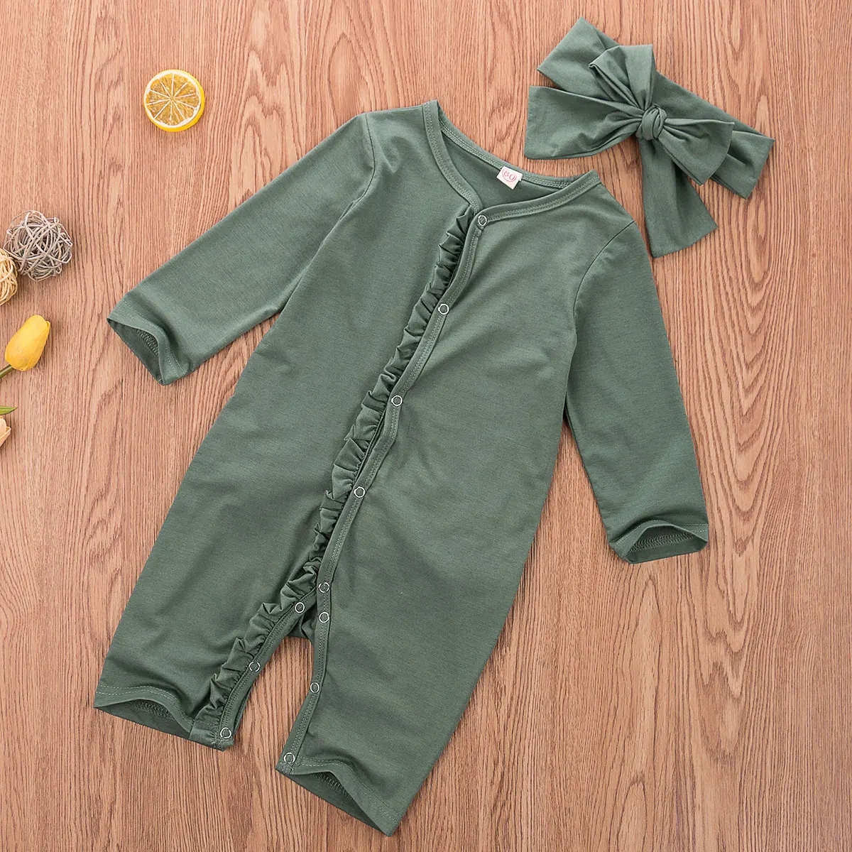 

0-12M Toddler Baby Girl Long Sleeve Cotton Romper Jumpsuit Headband Sunsuit Outfit