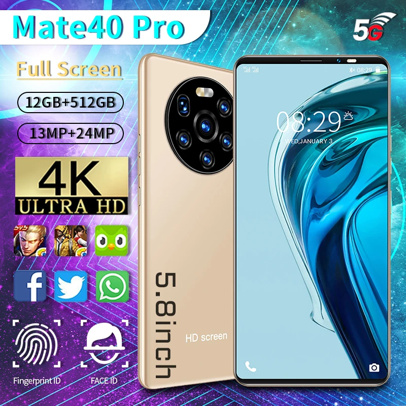 

Global Version Mate40 pro Smartphone 4800mAh 12GB+512GB 5.8Inch Dual SIM Dual Standby Support Face ID 4G 5G Android10 CellPhones