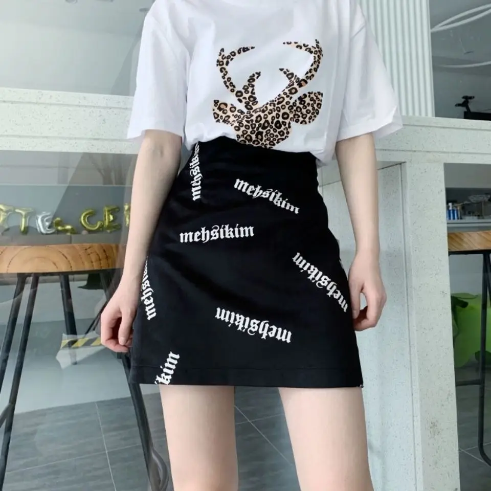 Летняя юбка в японском стиле Харадзюку с графическим принтом кошки тонкая черная