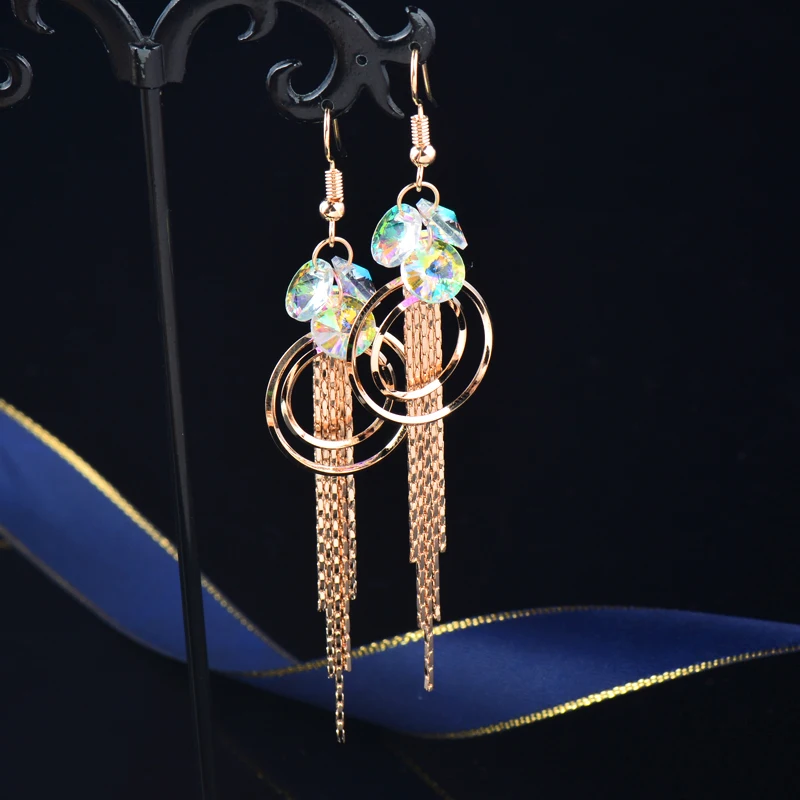 SINLEERY Round Circle Long Tassel Earring Yellow Gold Silver Color Crystal Earrings For Women 2021 wedding accessories ZD1 SSB | Украшения