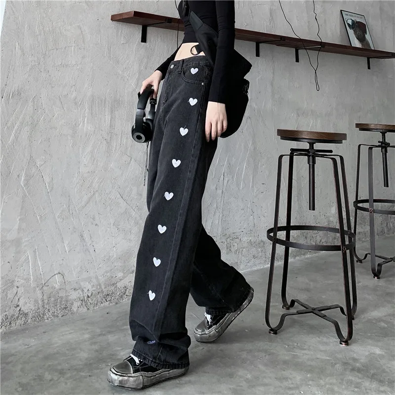 

Retro Love Printed Jeans for Women Black High Waist Women Trousers New Loose High Street Casual Straight Pants Harajuku
