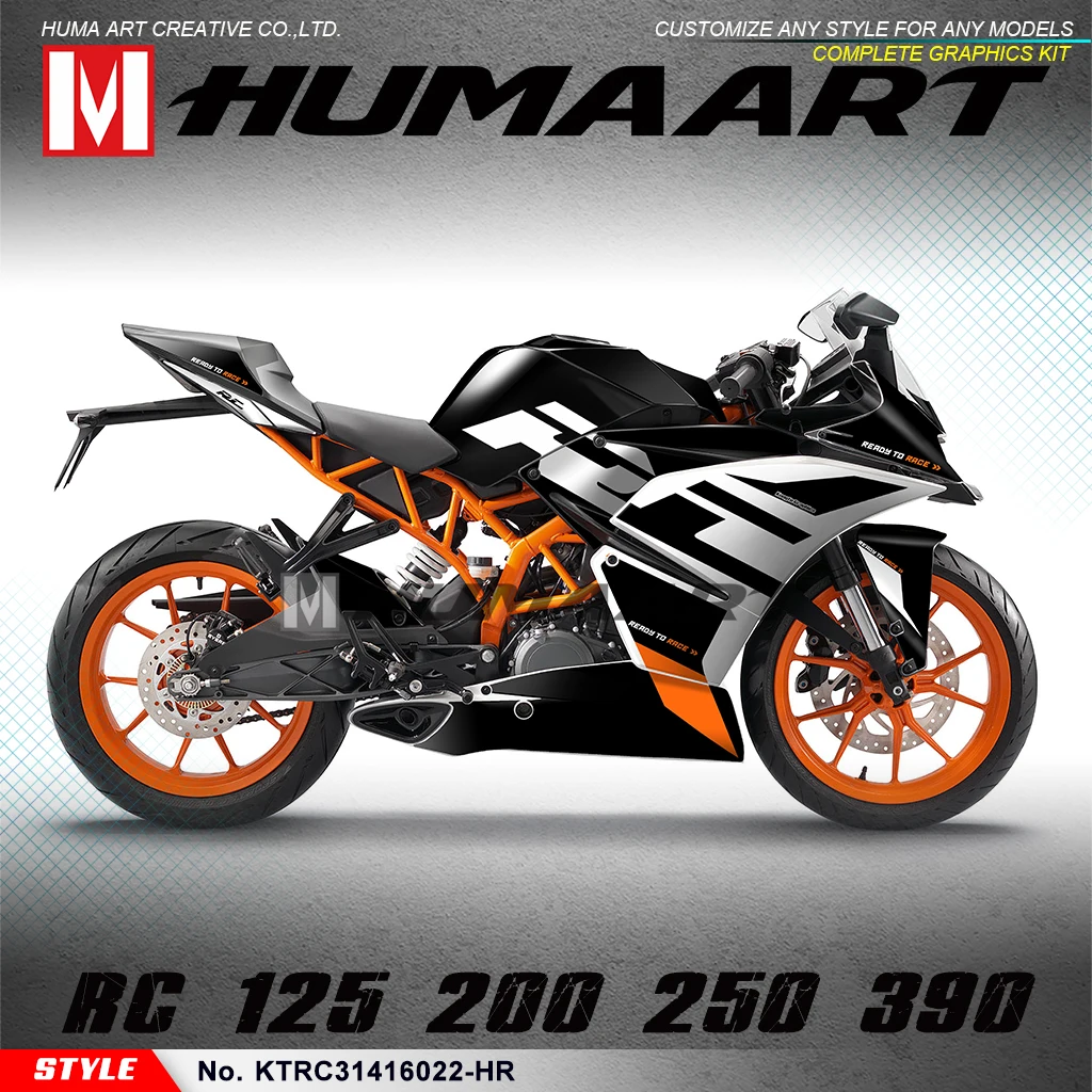 

HUMAART Sport Bike Graphics Custom Sticker Design Complete Vinyl Wrap Kit for RC 125 200 RC125 RC200 2014 2015 2016, Black White