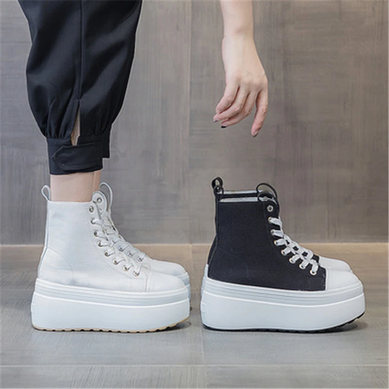 

Кеды женские на платформе, повседневные холщовые кроссовки, на шнуровке, высокая подошва, на молнии, Роскошные, черные