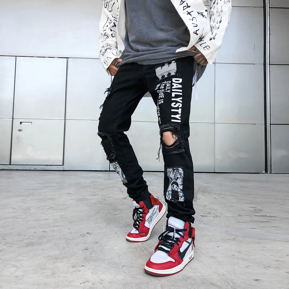 Streetwear Hip Hop Patchwork Hole Letter Print Black Skinny Jeans Men Korean Slim Straight Pencil Pants Ripped for | Мужская одежда