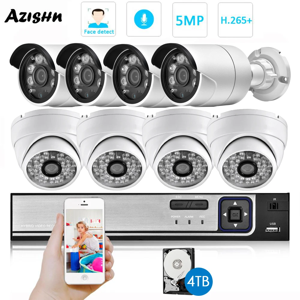 AZISHN H.265X Распознавание лиц 8CH 5MP POE NVR комплект видеонаблюдения Системы SONY IMX335 аудио