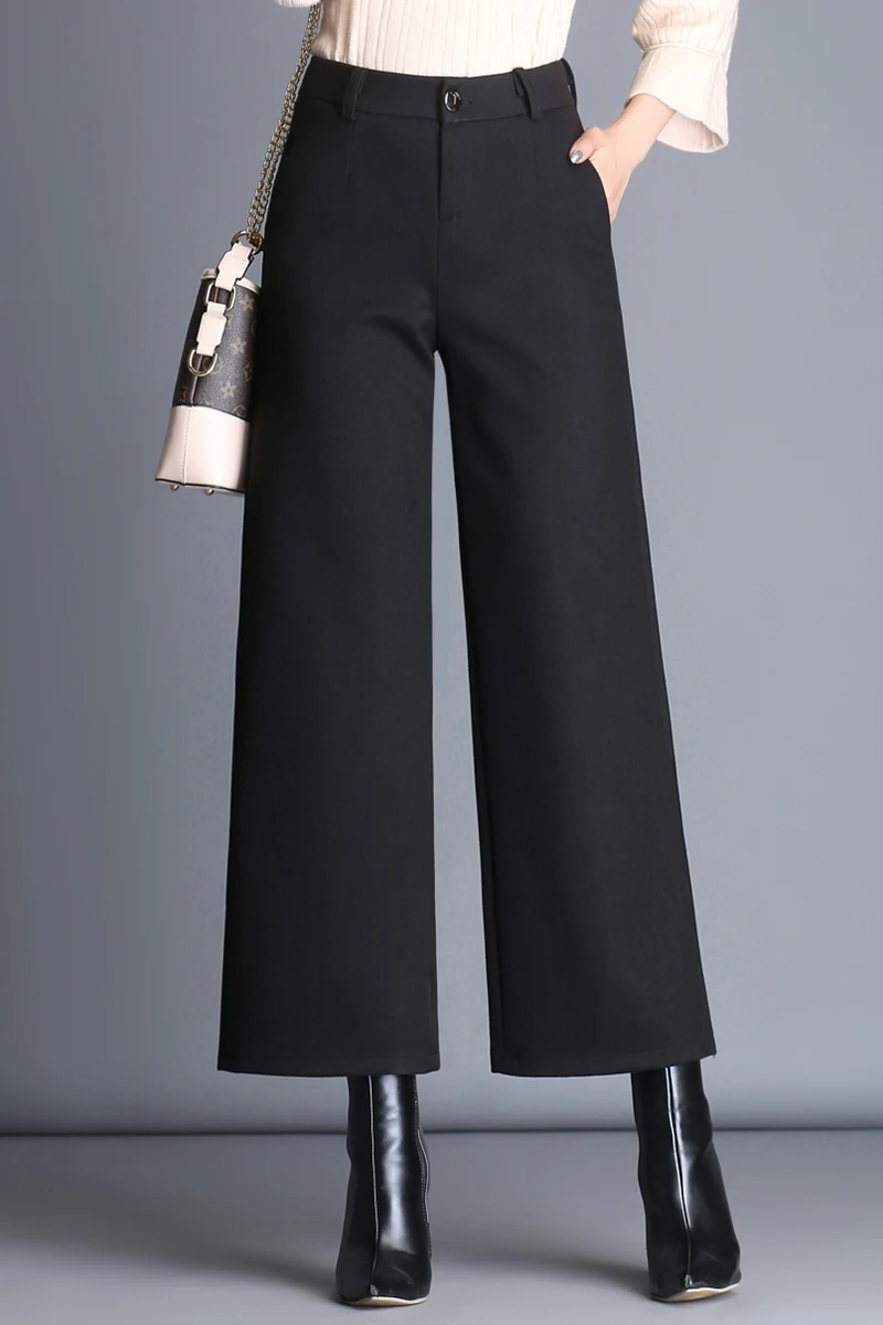

Woman Spring Autumn Plus Size Solid High Loose 30% Wool Ankle-length Pants Female Winter Oversized Thick Warm Wide Leg Trousers