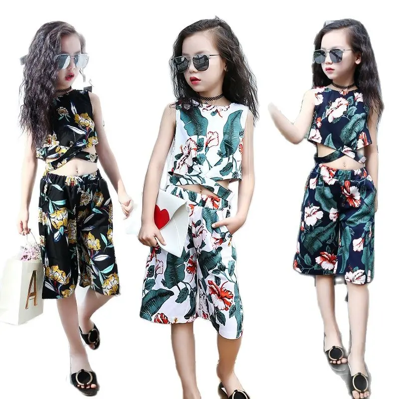 

Fashion Summer Teenage Little Girls Clothing Sets Kids Floral Sleeveless Tops+Pant 2Pcs Suit For 3-12 Y Girls Clothes