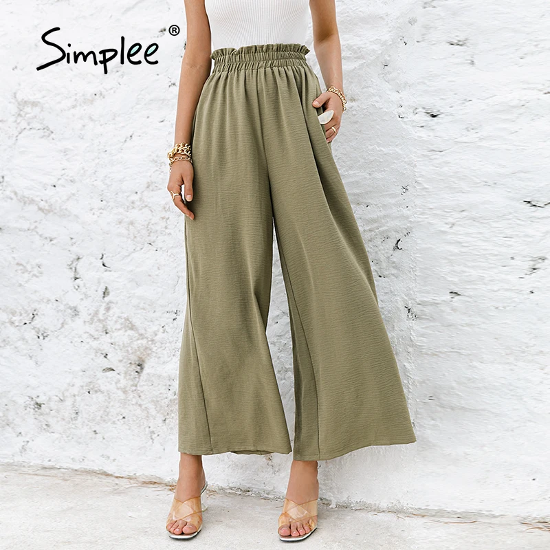 Simplee Solid color high waist wide leg pants women Loose casual summer trousers Classic ruffled soft long female bottoms | Женская