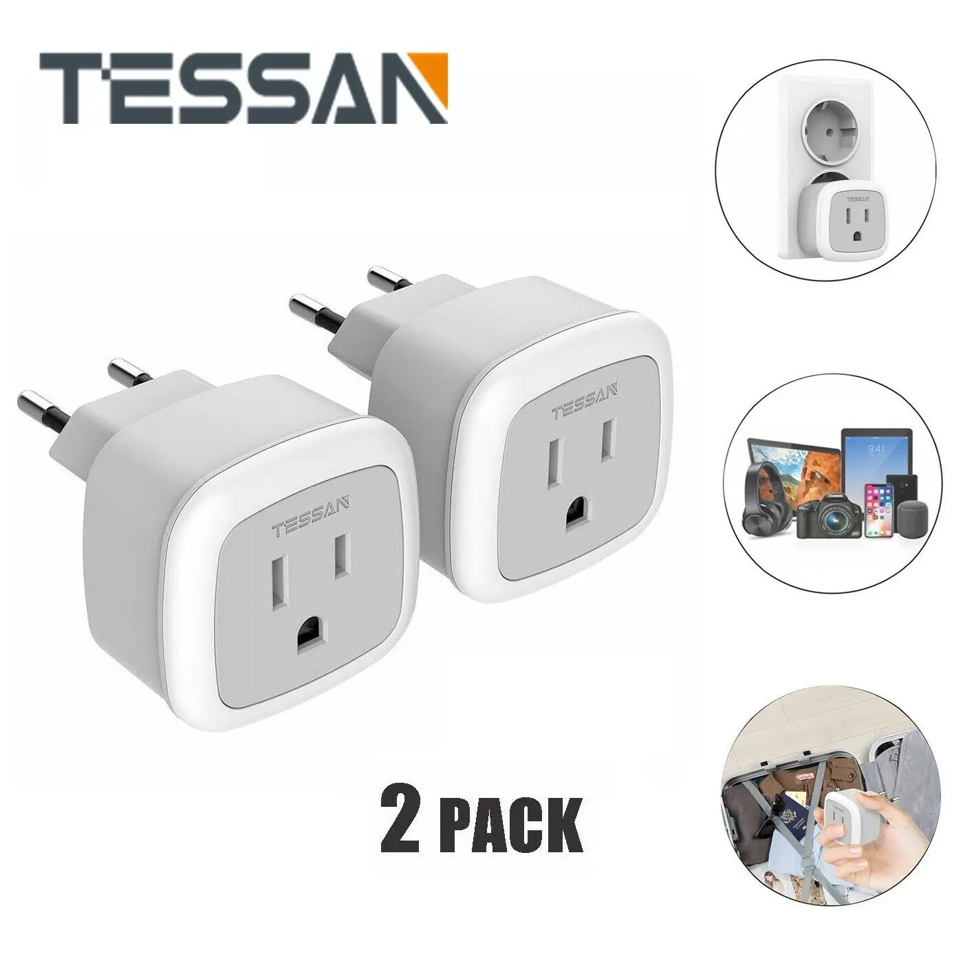 

TESSAN USA to Most of European Travel Mini Size Power Plug Adapter With 1 American Outlet Type C European Adapter -2 Pack