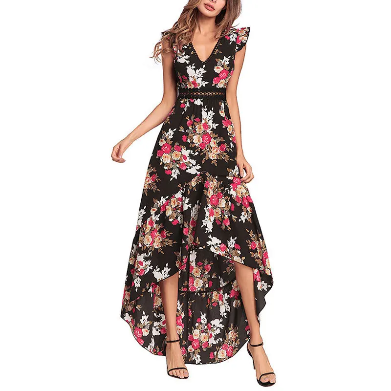 

Women Boho Backless Irregular Floral Printed Dress Summer Deep V Trim Long Lace Maxi Dresses Open Back Party Vestidos