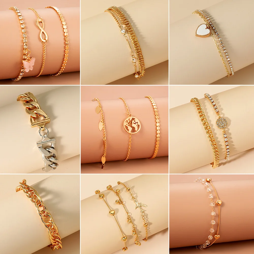 

Vintage Hollow Butterfly Bracelet Set Stitching Metal Cuban Chains Boho Wrap Bracelets Charm Jewelry His and Hers Kid Gift