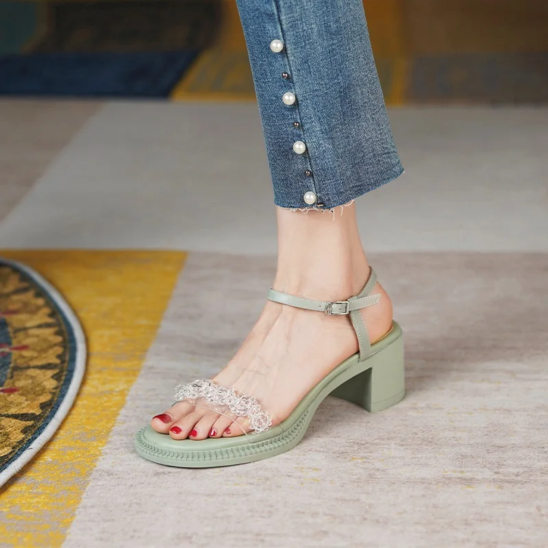 

Brand Women Sandals New 2021 Summer Fashion Thick High Heels Crystal Dress Casual Party Shoes Woman Gladiator Sandals Size 34-39