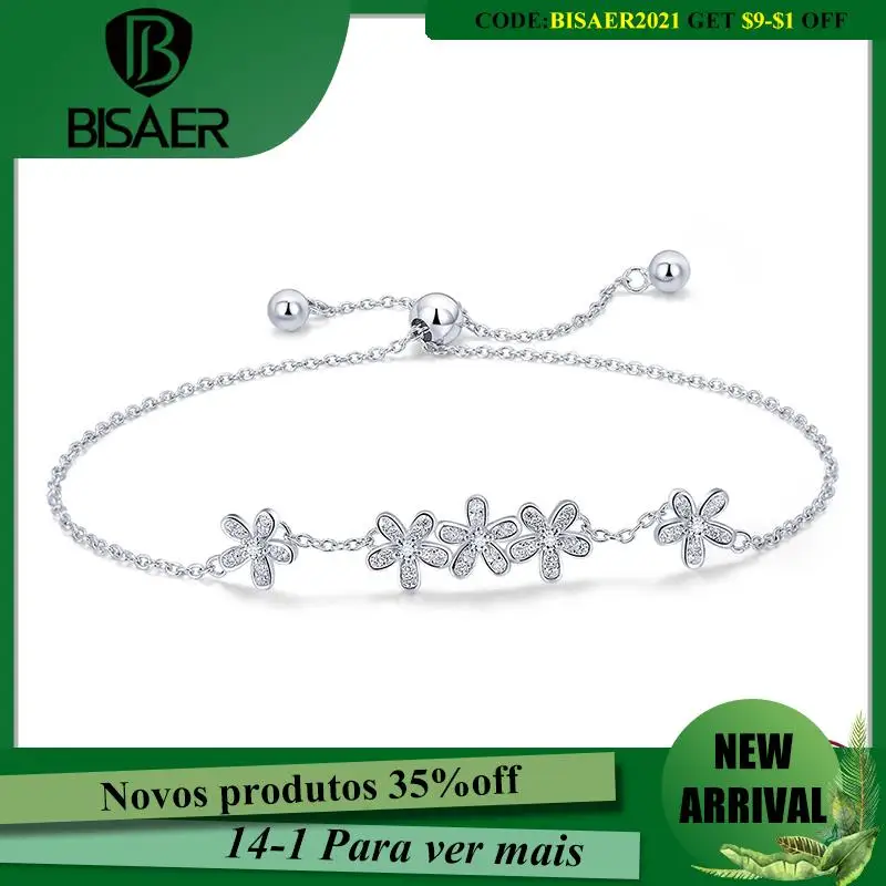 

BISAER Bracelets Genuine 100% 925 Sterling Silver Little Daisies Bright CZ Original Bracelet For Women Silver Jewelry HSB084