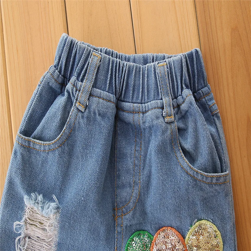 

2020 Children Clothing Set New European and American Girls Letter Short-sleeved T-shirt with Holey Long Jeans Suit Three-piece