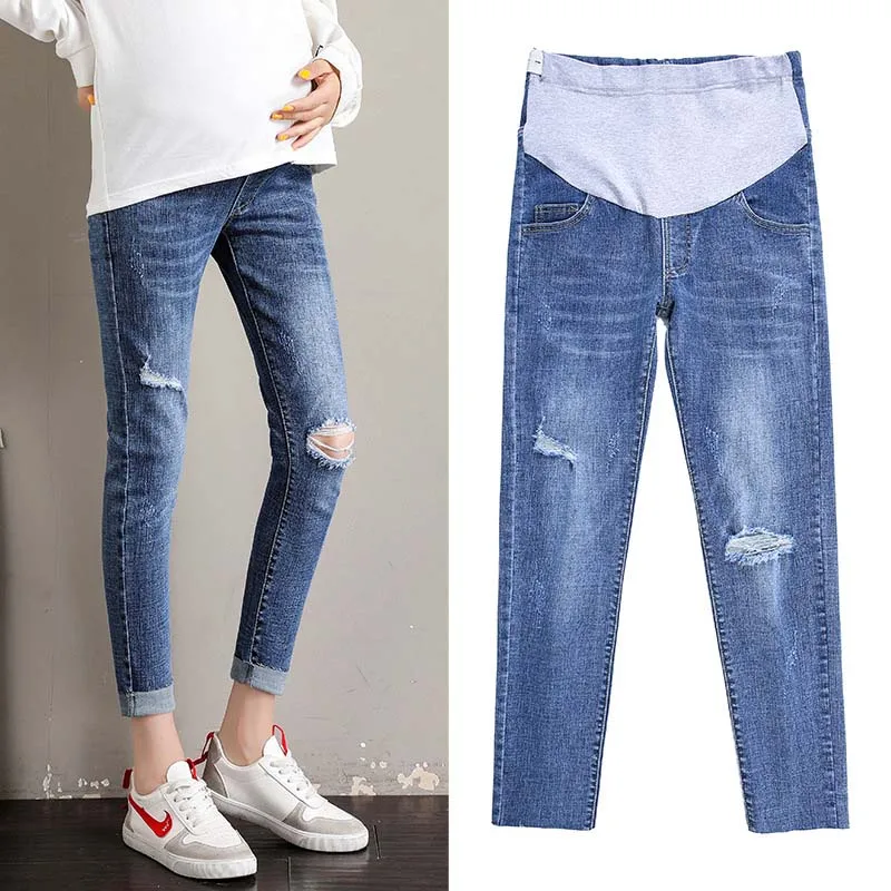 

Vintage Hole Denim Jeans Maternity Pants For Pregnant Women Clothes Casual Retro Abdominal Jeans Pregnancy Pants Gravidas Jeans
