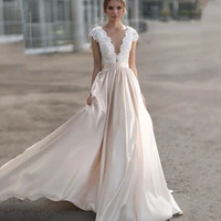 sexy elegant deep v neck wedding dress 2021 a line short sleeve button lace appliques custom made bride gown charming satin