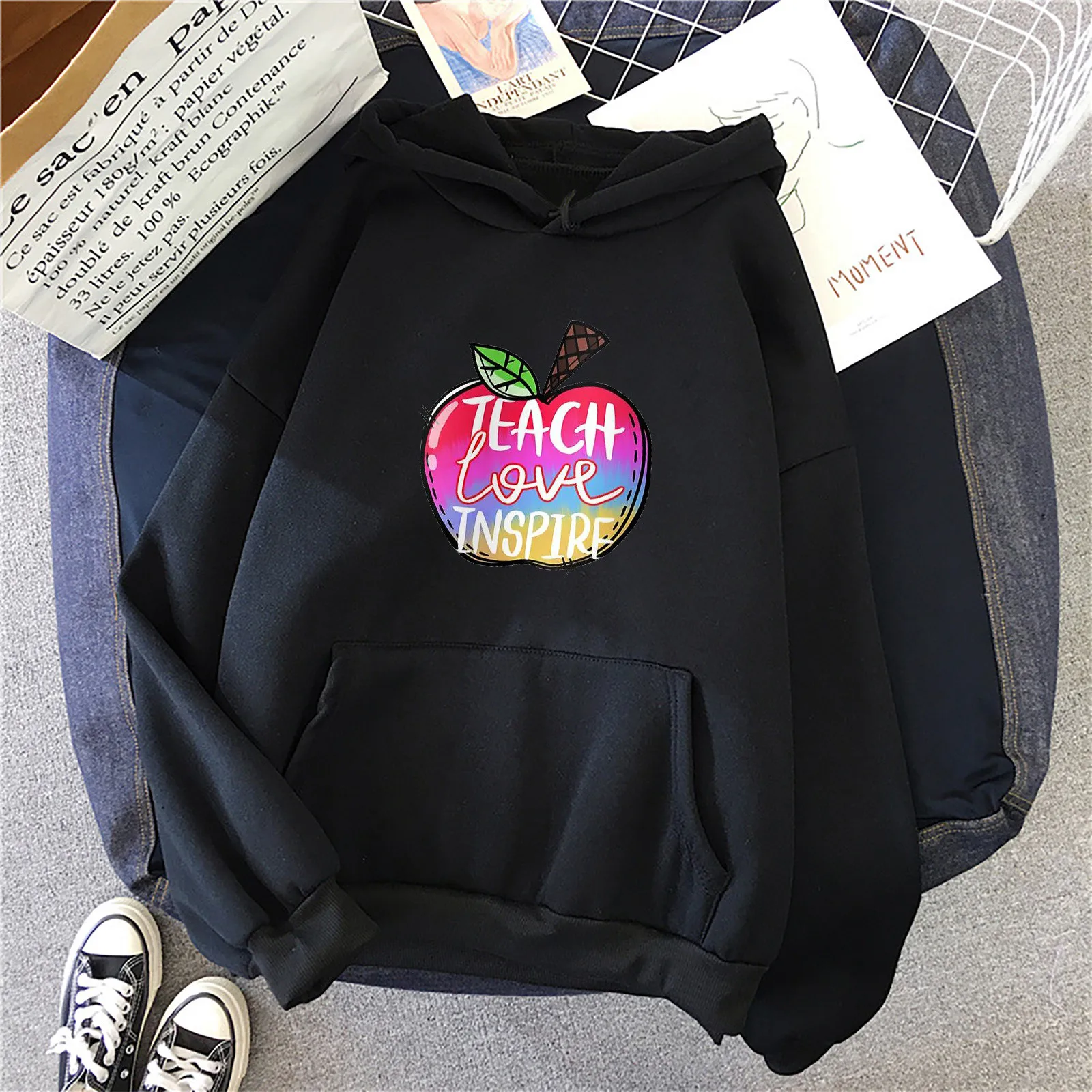 

Hoodie Women's Sweatshirt Vintage Funny Loose Long Sleeve Hooded Shift Printed Sweatshirt women clothing Teach love inspive