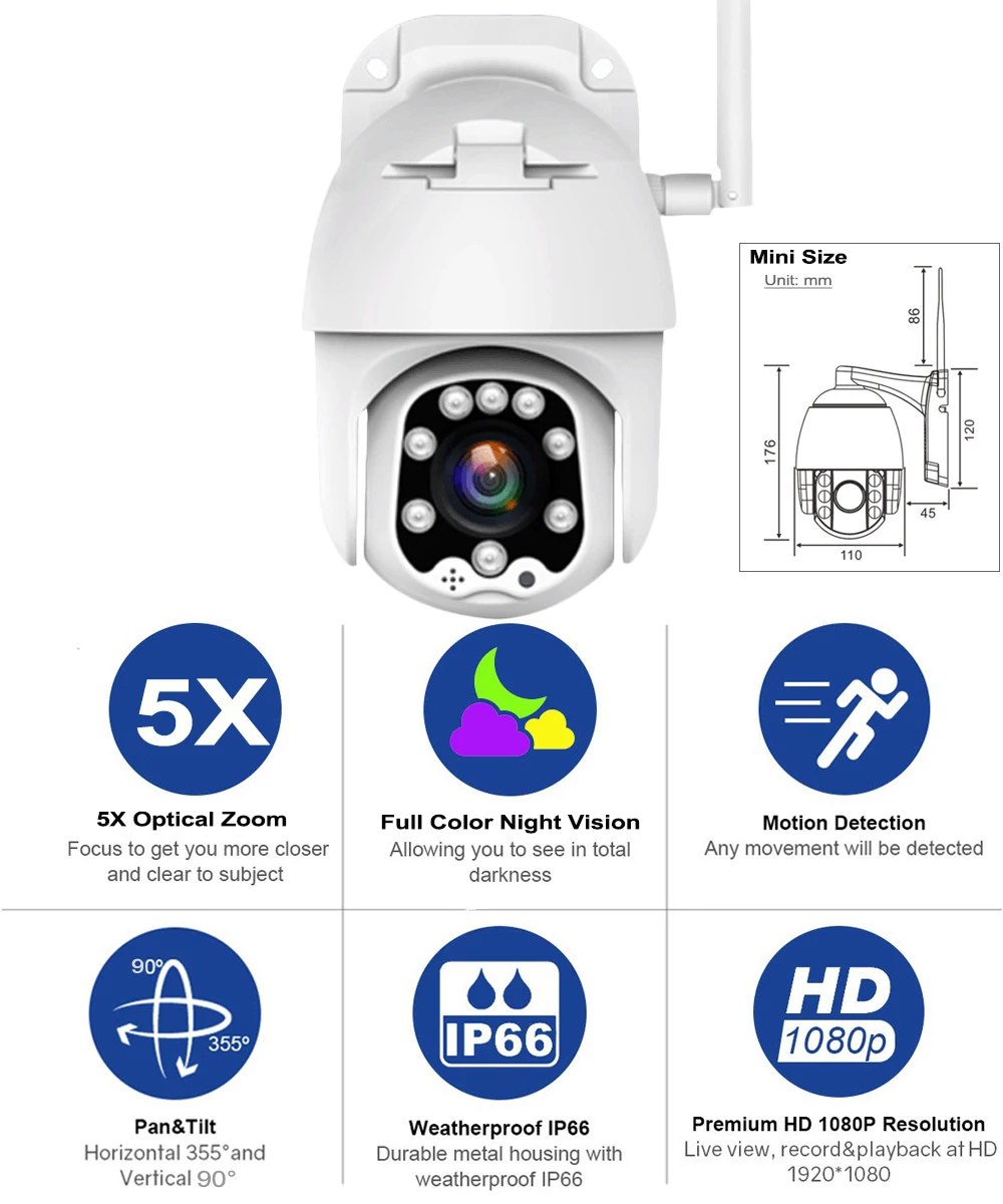 Наружная купольная камера 5X Zoom 1080P WiFi камера PTZ домашняя камера видеонаблюдения погодоустойчивая камера Обнаружение движения двустороннее аудио