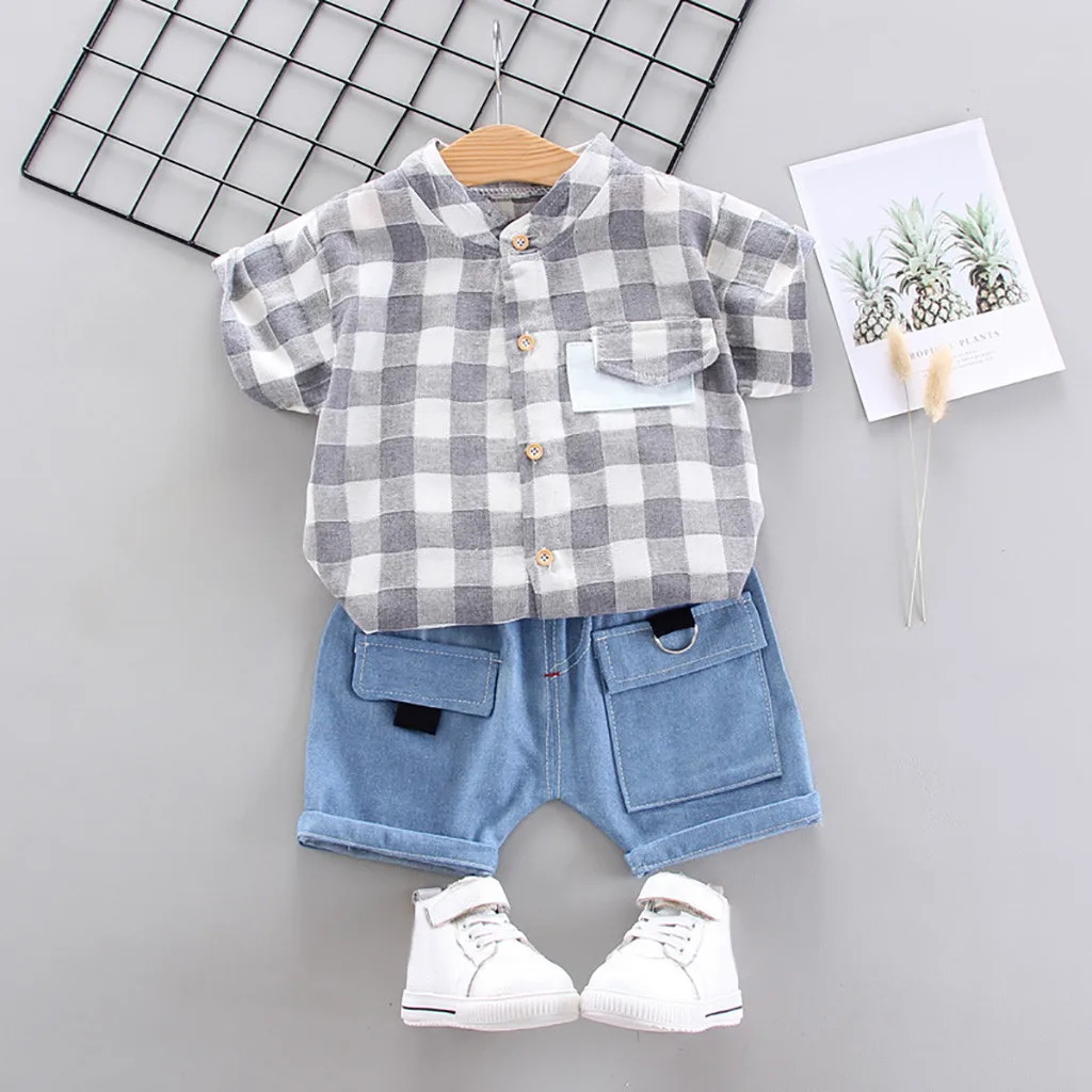 Fashion kids summer suit boy girl plaid top + denim pocket Korean version trend baby clothes пижама детская 50* |