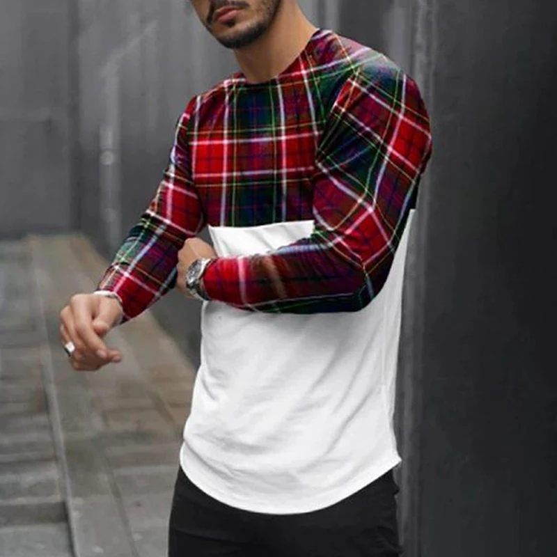 Casual Long Sleeve Plaid Print T-Shirt Men Autumn Fashion O-Neck Pullover Spring Male Plus Size Striped Top Tee Streetwear image 6
