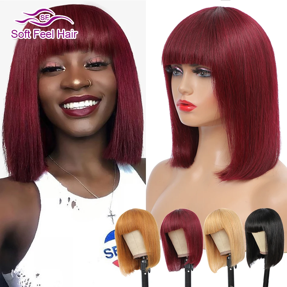 

Ombre Human Hair Wig Colored Short Bob Wig With Bangs Remy Brazilian Machine-Made Wig Straight Blonde Fringe Wigs Soft Feel Hair