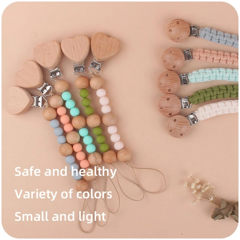 

2 Pcs Handmade Cotton Woven DIY Pacifier Chain Beech Wood Clip Silicone Beads Pacifier Chain Baby Dummy Nipple Holder