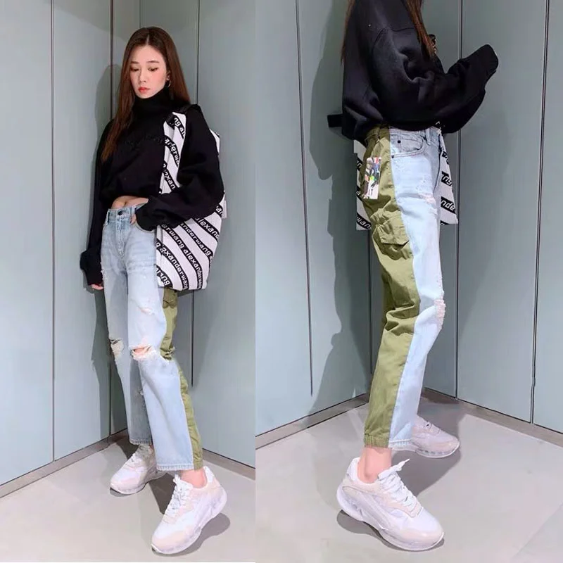 

2021 Spring Summer Women's Light Blue / Army Green Patchwork Spliced Jeans Pencil Pants with Holes A2