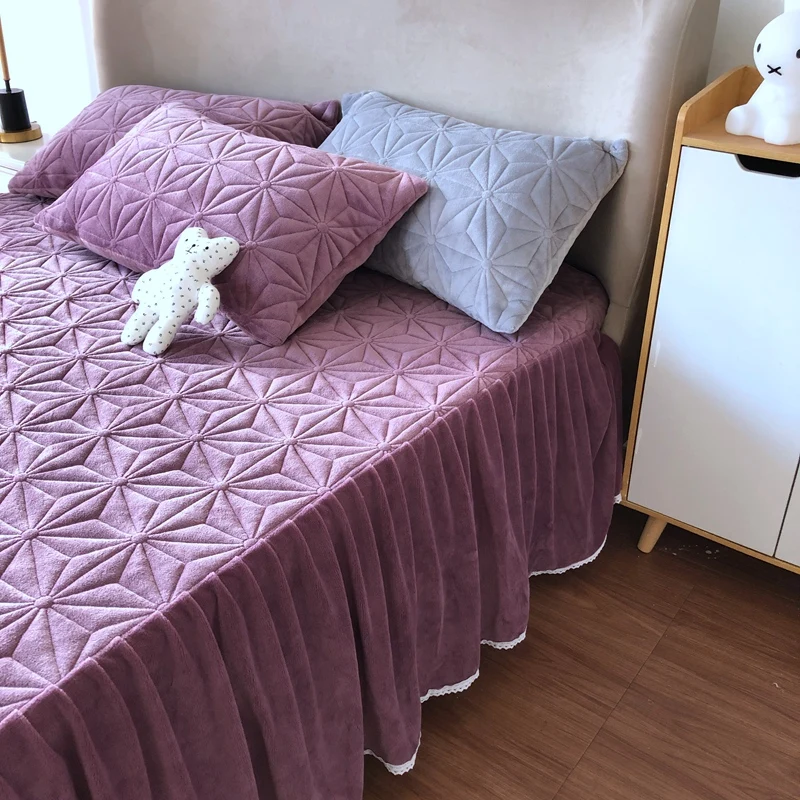 Flannel Fleece Quilted Bed Skirt 180*200CM Cotton Padded Lace 3D Warm Thicken Bedspread  2PillowCase Milk Flannle Ruffles Sheet images - 6