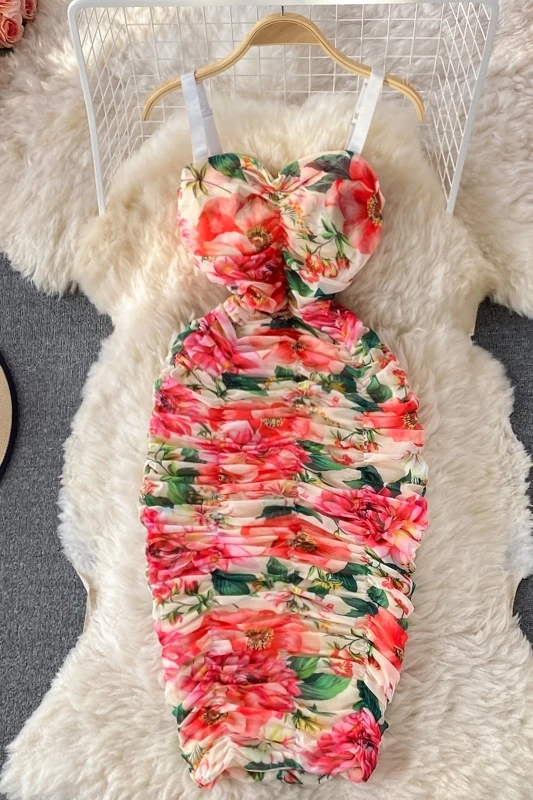 

French Print Flower Dress Sleeveless Wrap Hip New Light Mature Style Bodycon Pleated Strapless Dress For Summer 2021