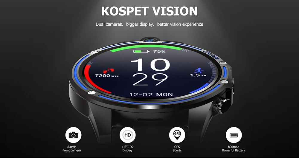 Оригинальные Смарт-часы Kospet Vision 4G 1,6 ''ips MTK6739 3 ГБ ОЗУ 32 Гб ПЗУ Android 7,1 часы телефон gps GLONASS 8MP+ 5MP 800mAh