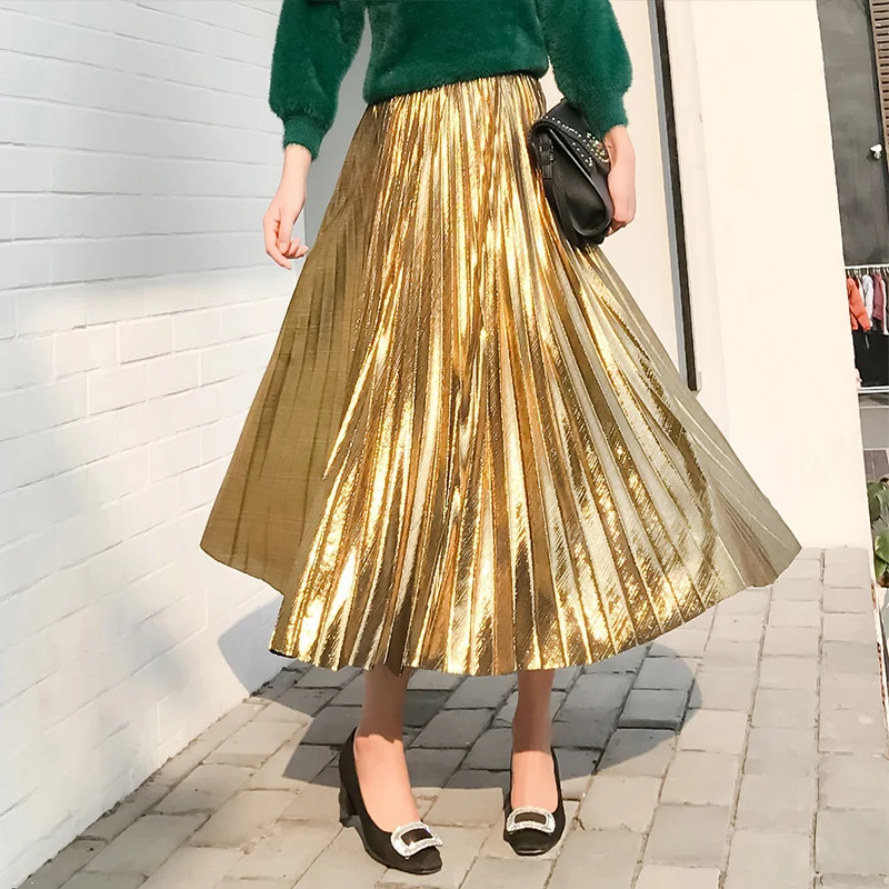 Женская плиссированная юбка стреймер золотистая длинная с высокой талией в