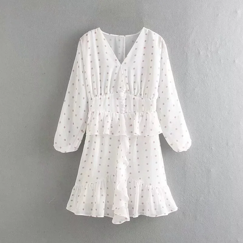 Женское Короткое Шифоновое Платье DEAT белое мини платье в горошек с рукавом